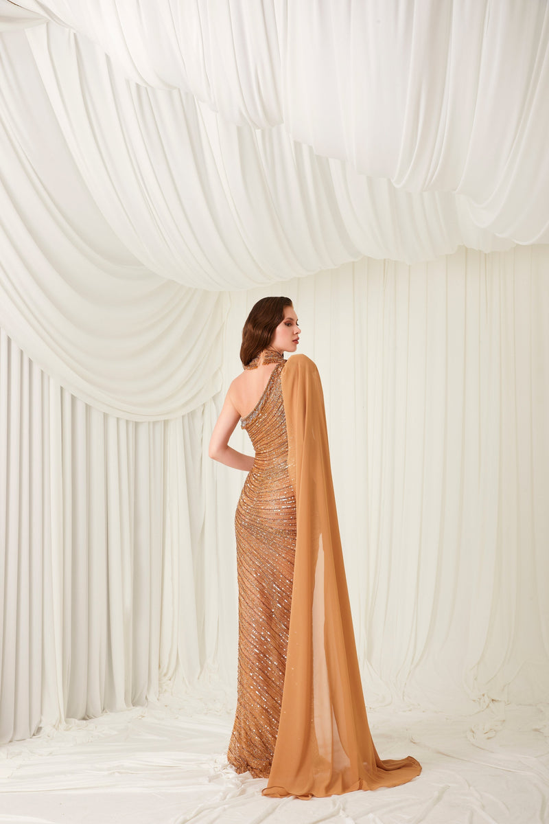 Li Beirut M1005 – One-Shoulder Embellished Column Gown with Chiffon Cape