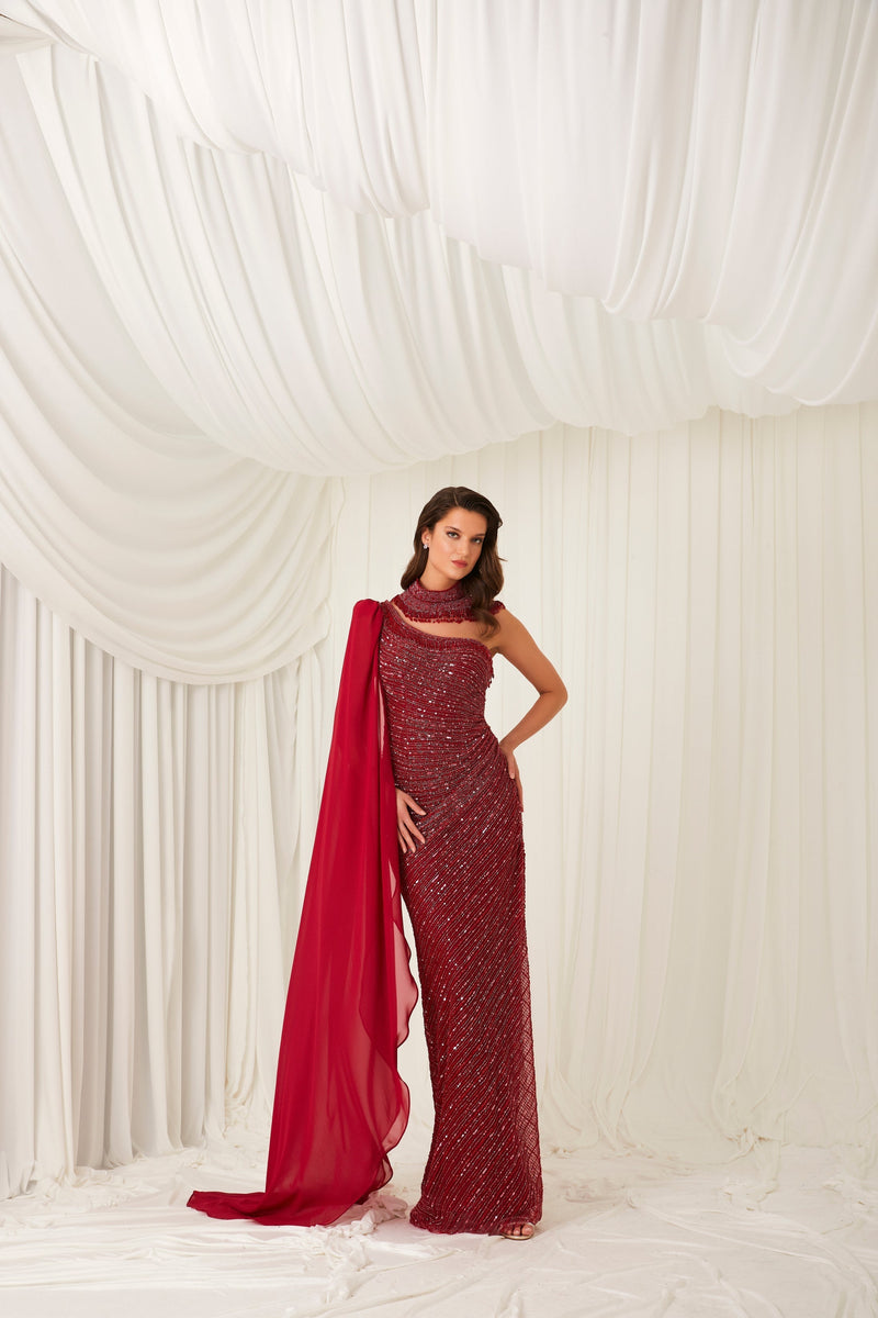 Li Beirut M1005 – One-Shoulder Embellished Column Gown with Chiffon Cape