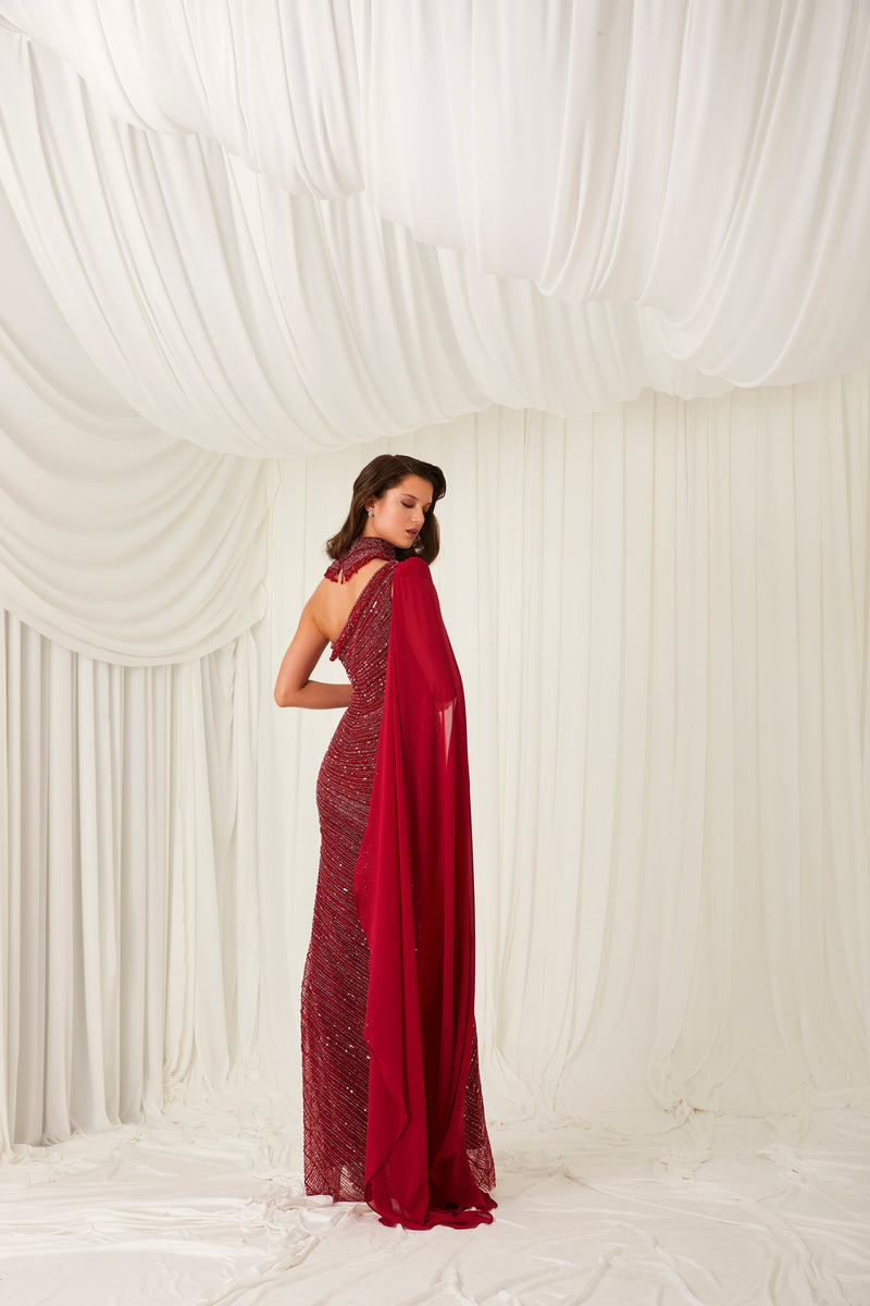 Li Beirut M1005 – One-Shoulder Embellished Column Gown with Chiffon Cape