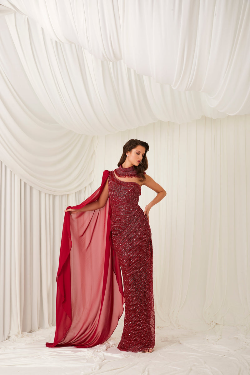 Li Beirut M1005 – One-Shoulder Embellished Column Gown with Chiffon Cape
