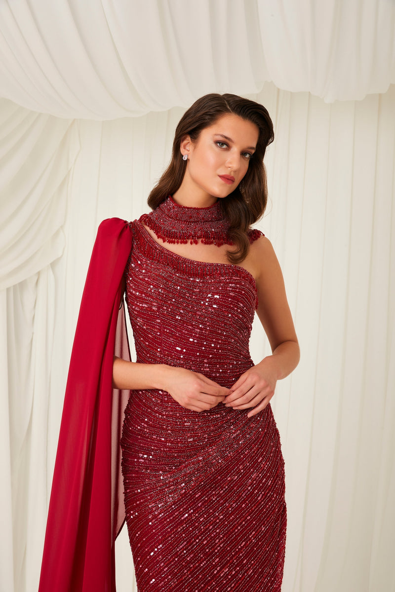 Li Beirut M1005 – One-Shoulder Embellished Column Gown with Chiffon Cape