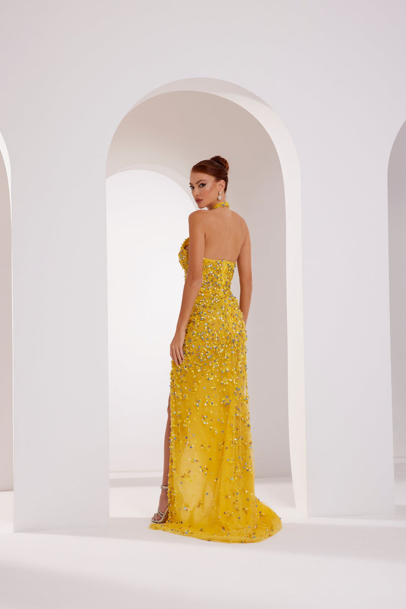 Li Beirut M1007 – Embellished Halter Gown with Detachable Overskirt & Keyhole Cutout