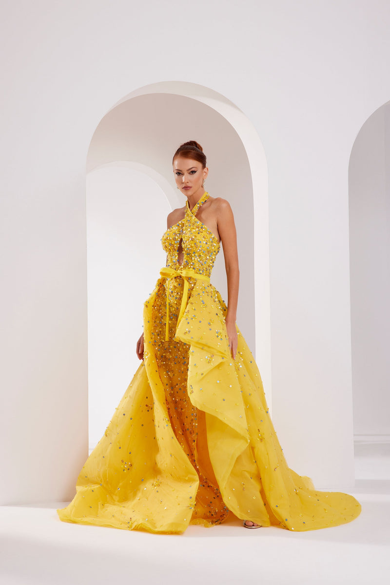 Li Beirut M1007 – Embellished Halter Gown with Detachable Overskirt & Keyhole Cutout