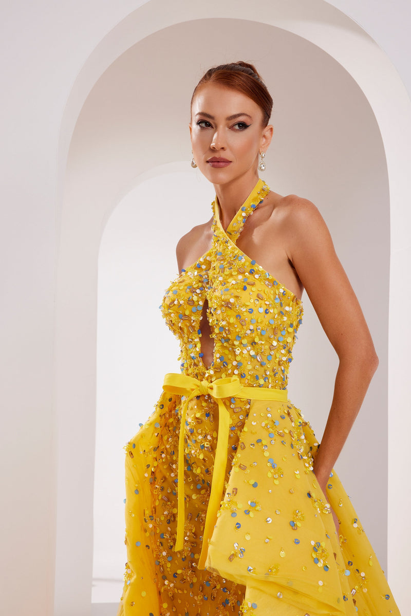 Li Beirut M1007 – Embellished Halter Gown with Detachable Overskirt & Keyhole Cutout