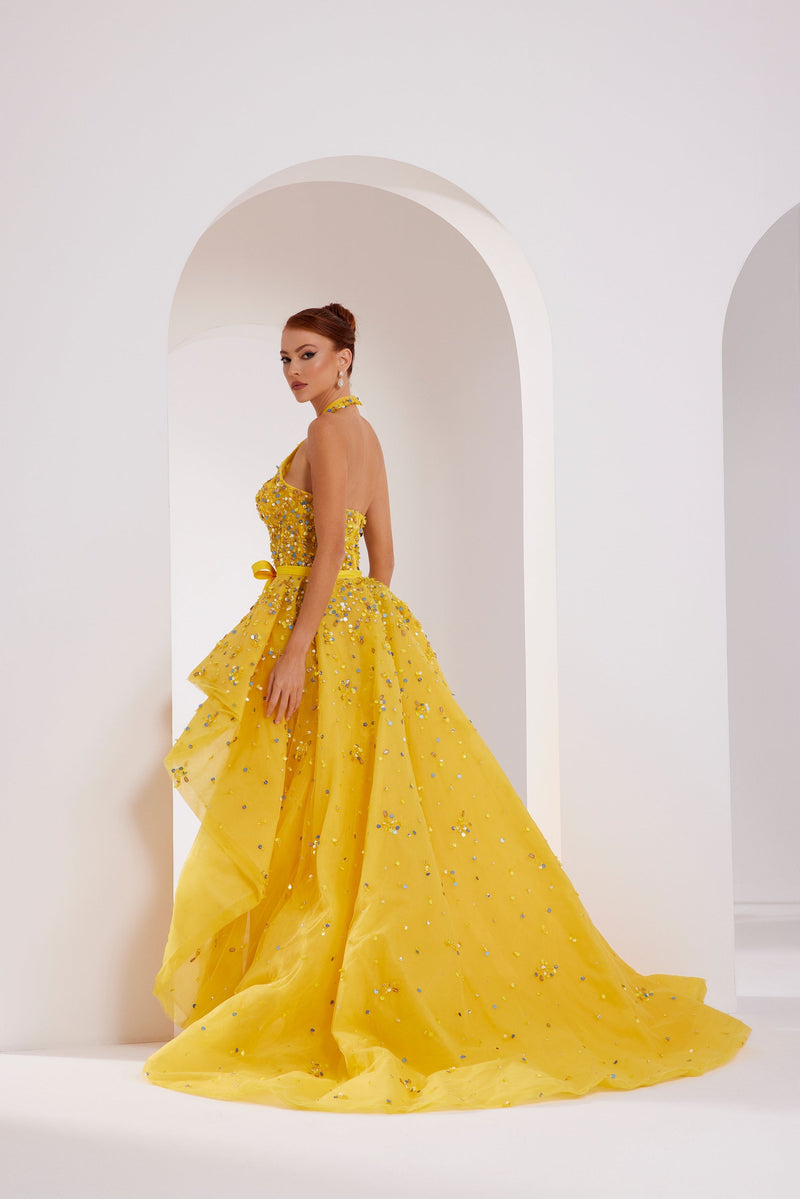 Li Beirut M1007 – Embellished Halter Gown with Detachable Overskirt & Keyhole Cutout