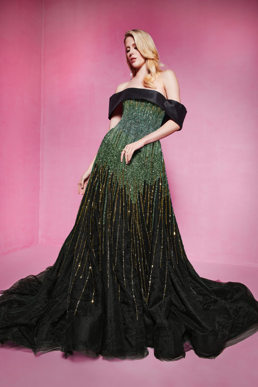 Li Beirut M1009 – Off-Shoulder Embellished Gown with Gradient Sequin Bodice