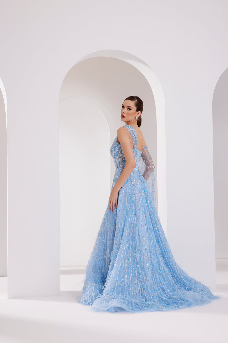 Li Beirut M1010 – One-Shoulder Embellished Gown with Feather-Textured Detail