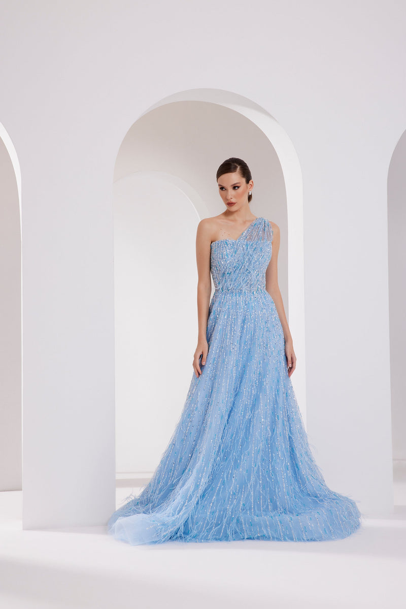 Li Beirut M1010 – One-Shoulder Embellished Gown with Feather-Textured Detail