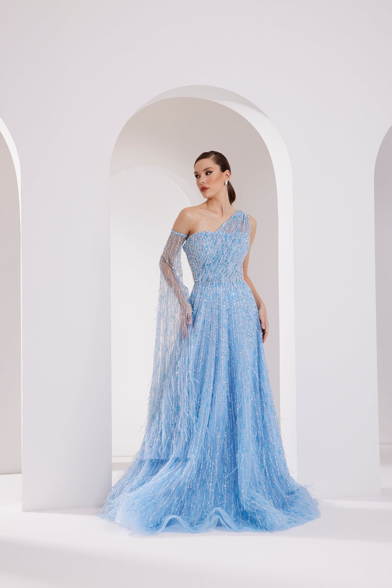 Li Beirut M1010 – One-Shoulder Embellished Gown with Feather-Textured Detail