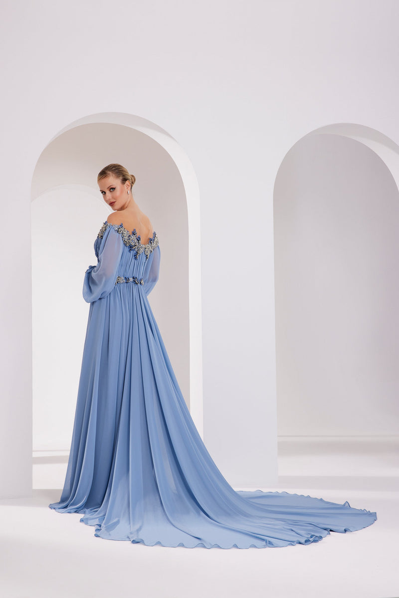 Li Beirut M1012 – Off-Shoulder Draped Gown with Sheer Sleeves & Embellished Waist