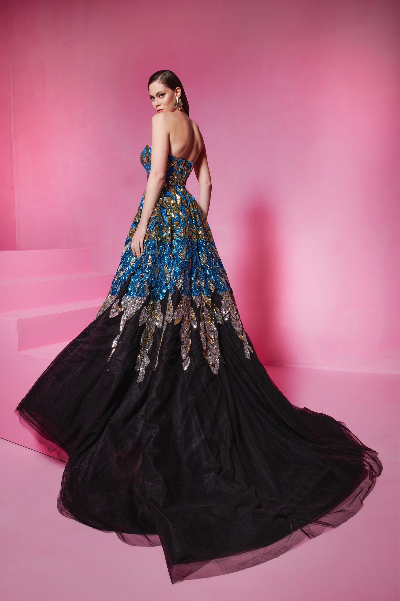 Li Beirut M1013 - Embellished Black Ball Gown with Metallic Botanical Detail