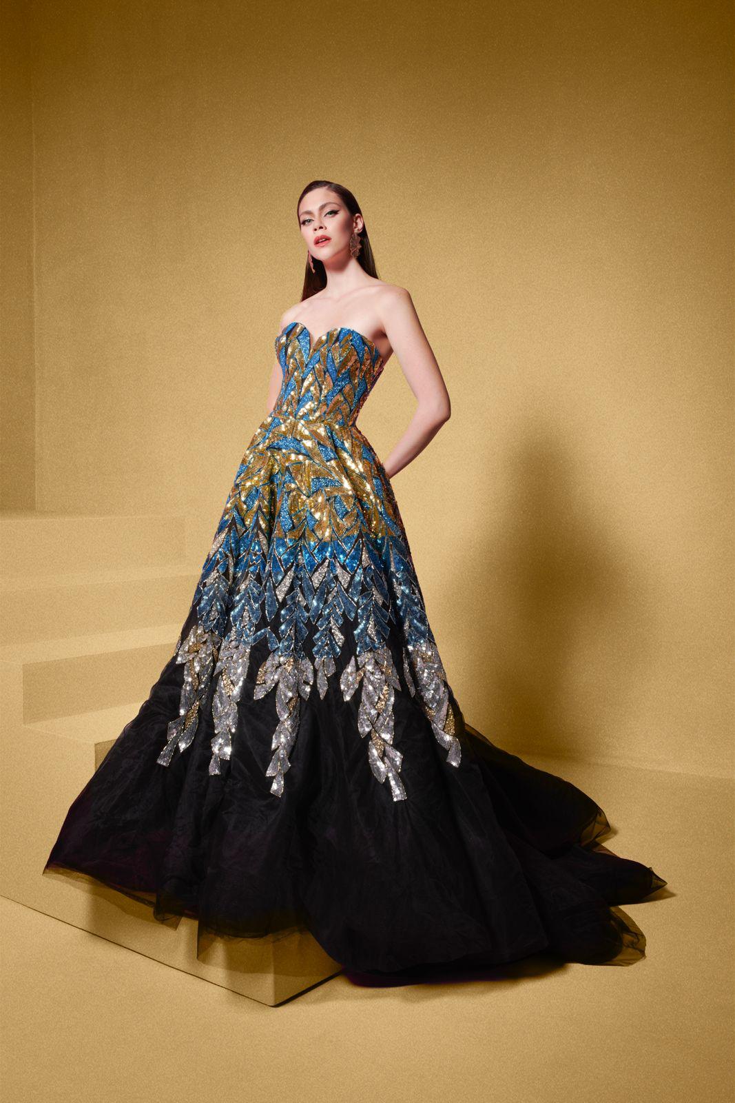 Li Beirut M1013 - Embellished Black Ball Gown with Metallic Botanical Detail