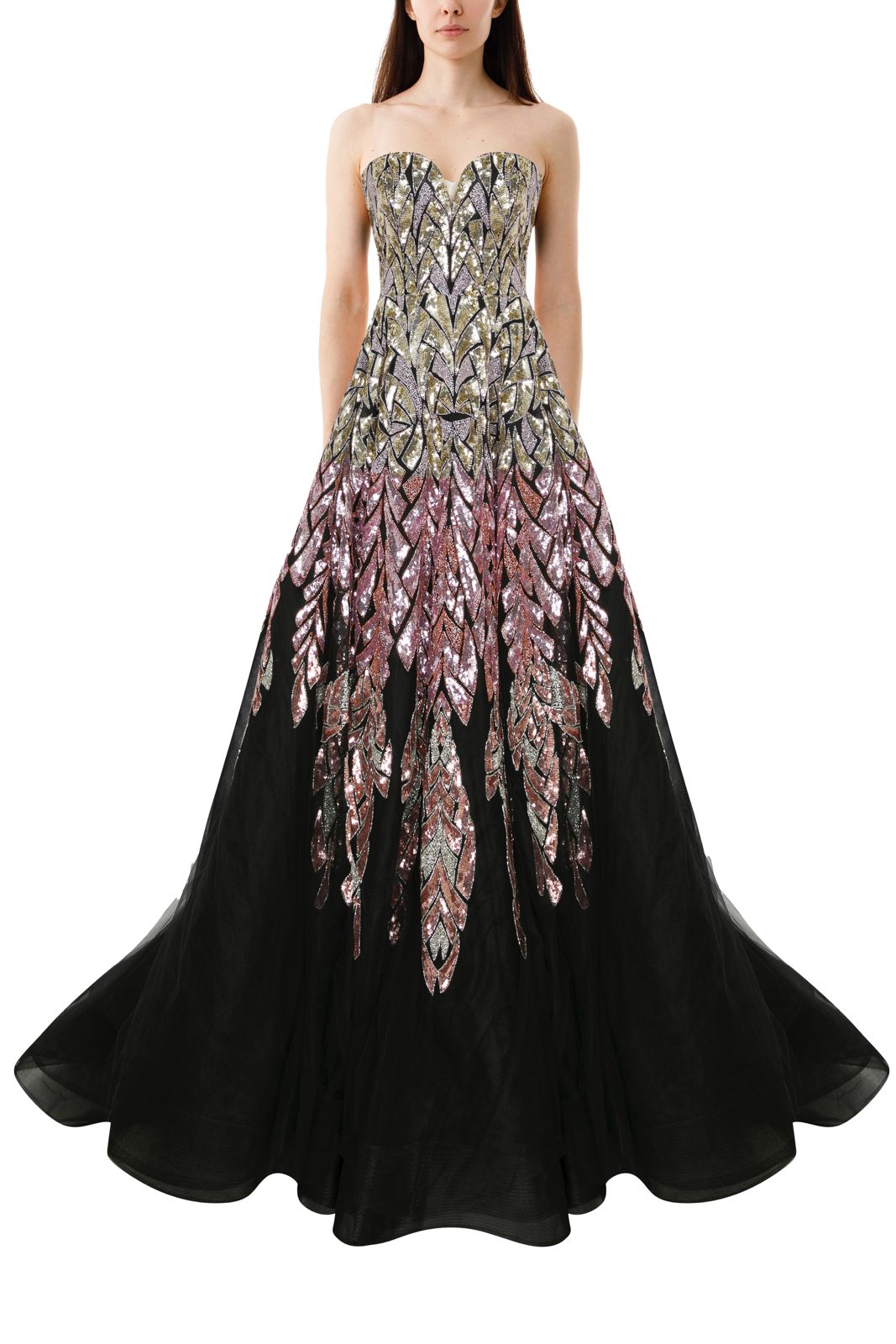 Li Beirut M1013 - Embellished Black Ball Gown with Metallic Botanical Detail