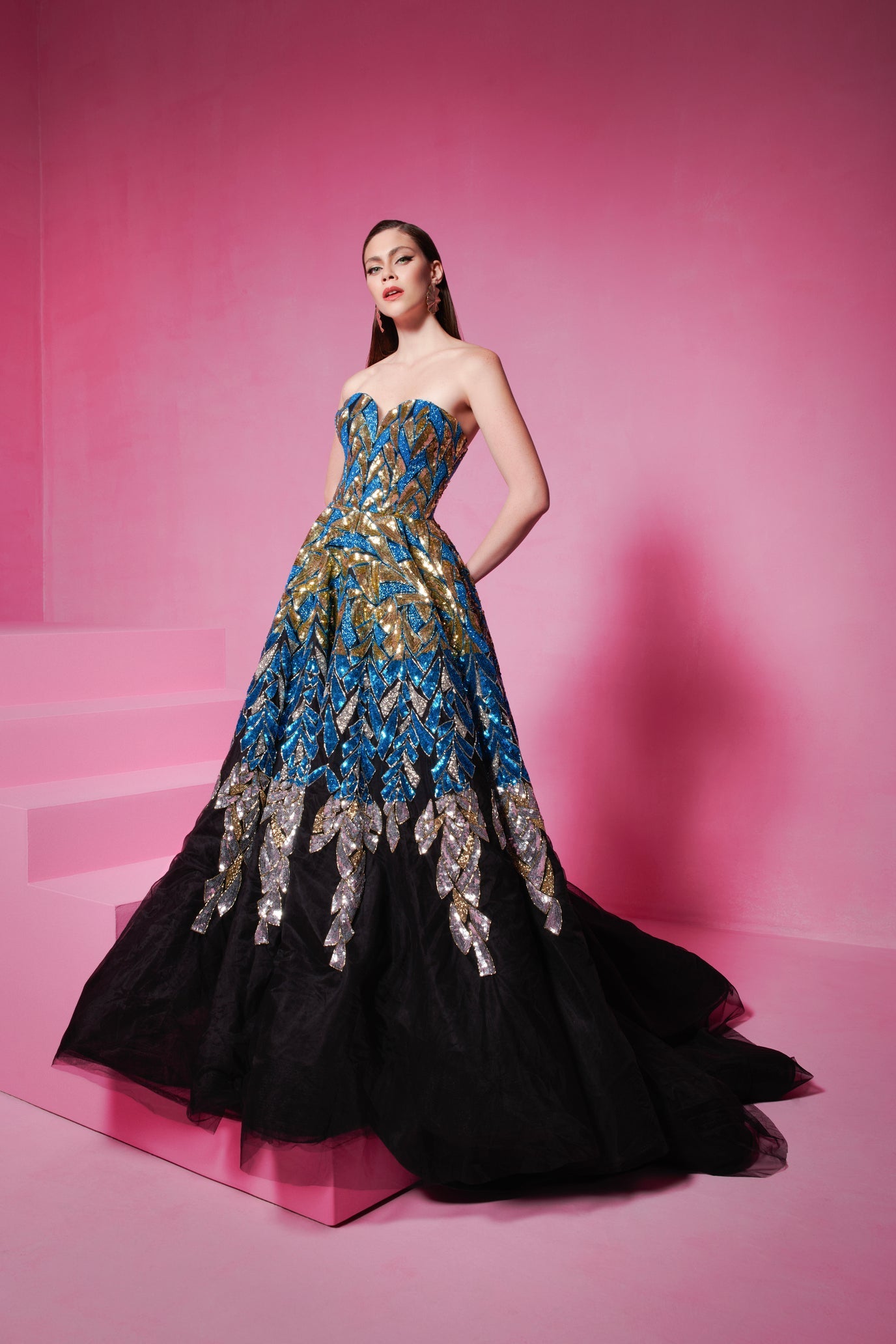 Li Beirut M1013 - Embellished Black Ball Gown with Metallic Botanical Detail
