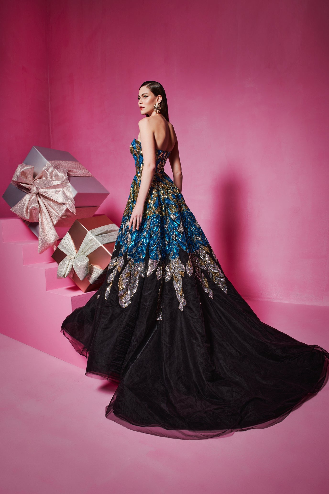 Li Beirut M1013 - Embellished Black Ball Gown with Metallic Botanical Detail