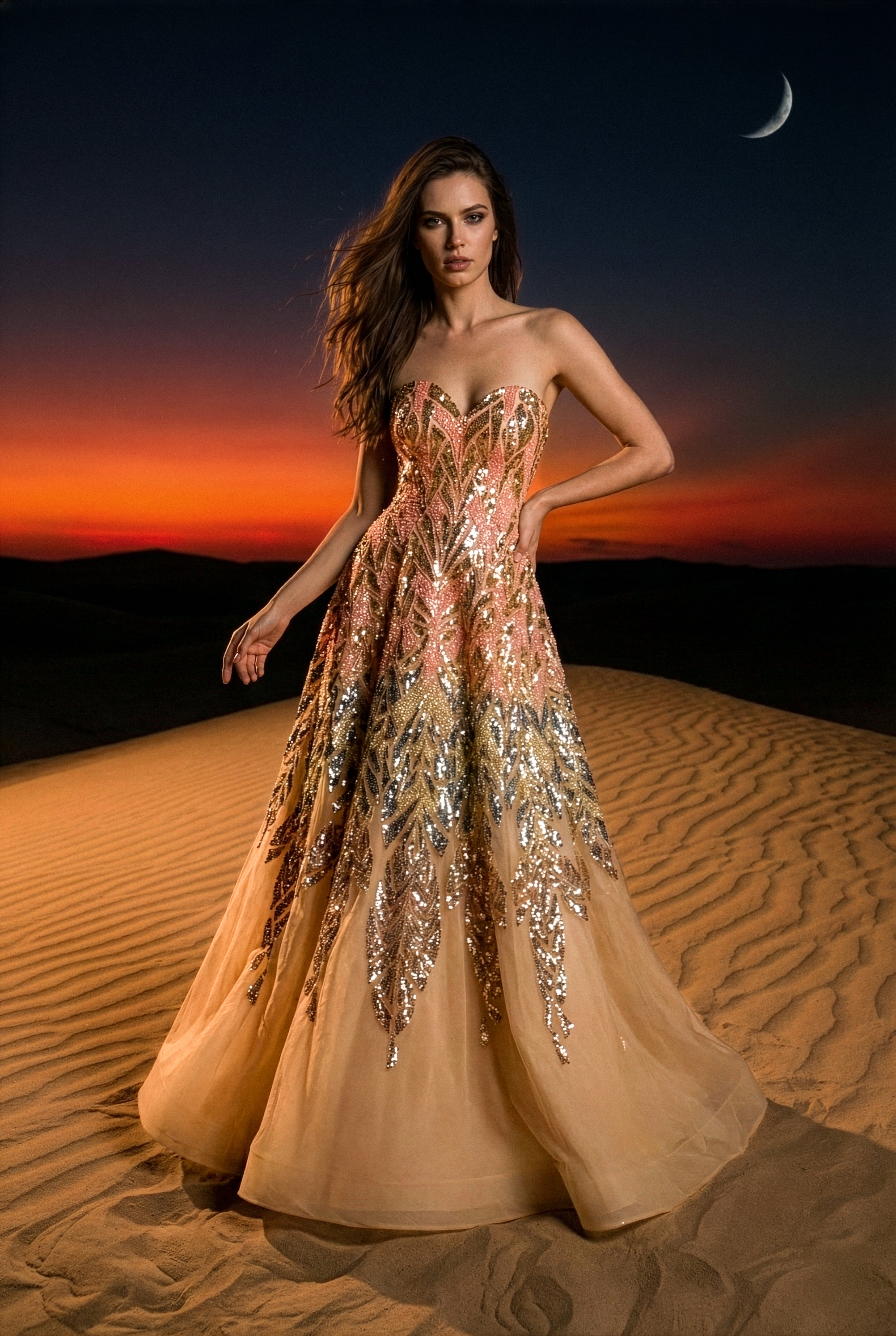 Li Beirut M1013 - Embellished Black Ball Gown with Metallic Botanical Detail