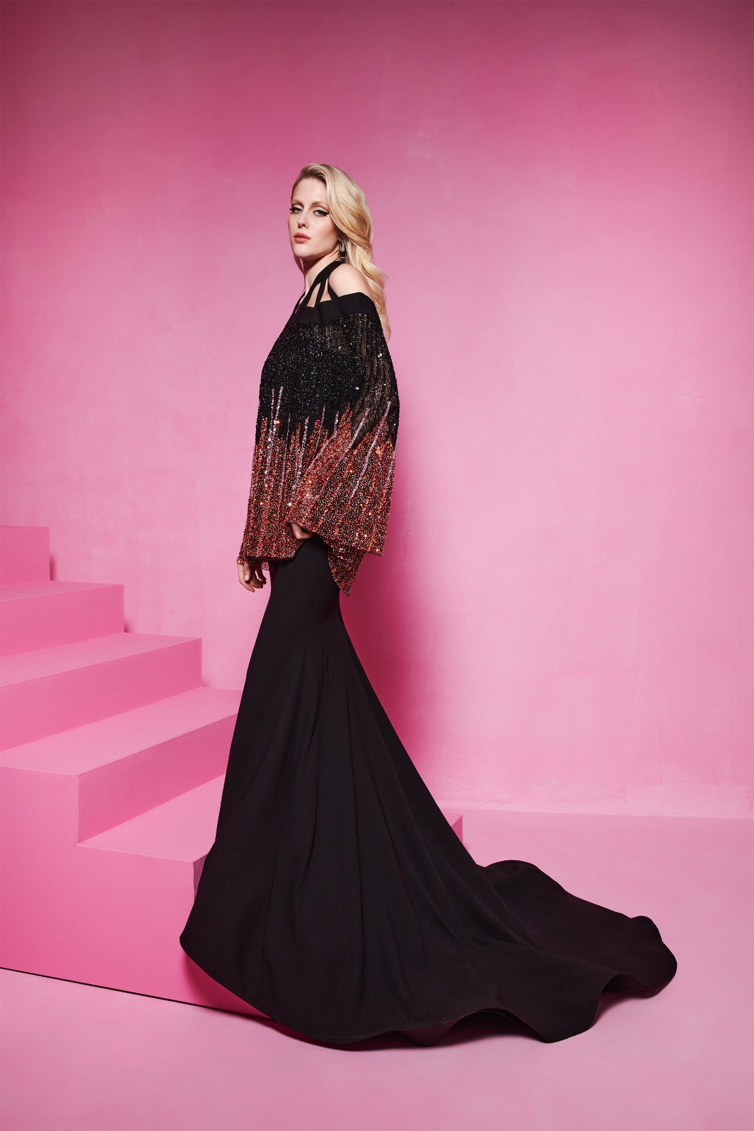 Li Beirut M1014 – Mermaid Evening Gown with Gradient Sequined Cape