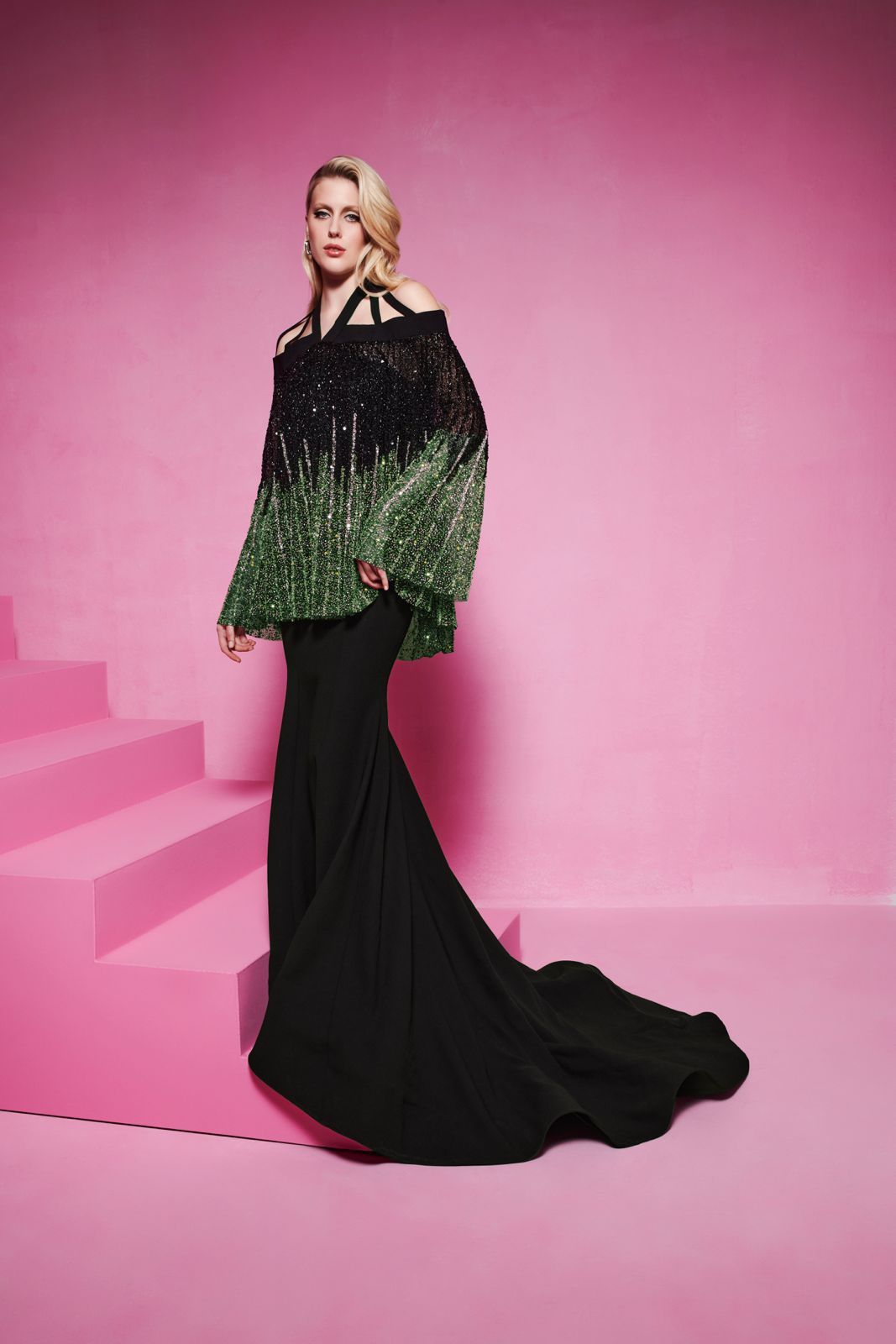Li Beirut M1014 – Mermaid Evening Gown with Gradient Sequined Cape