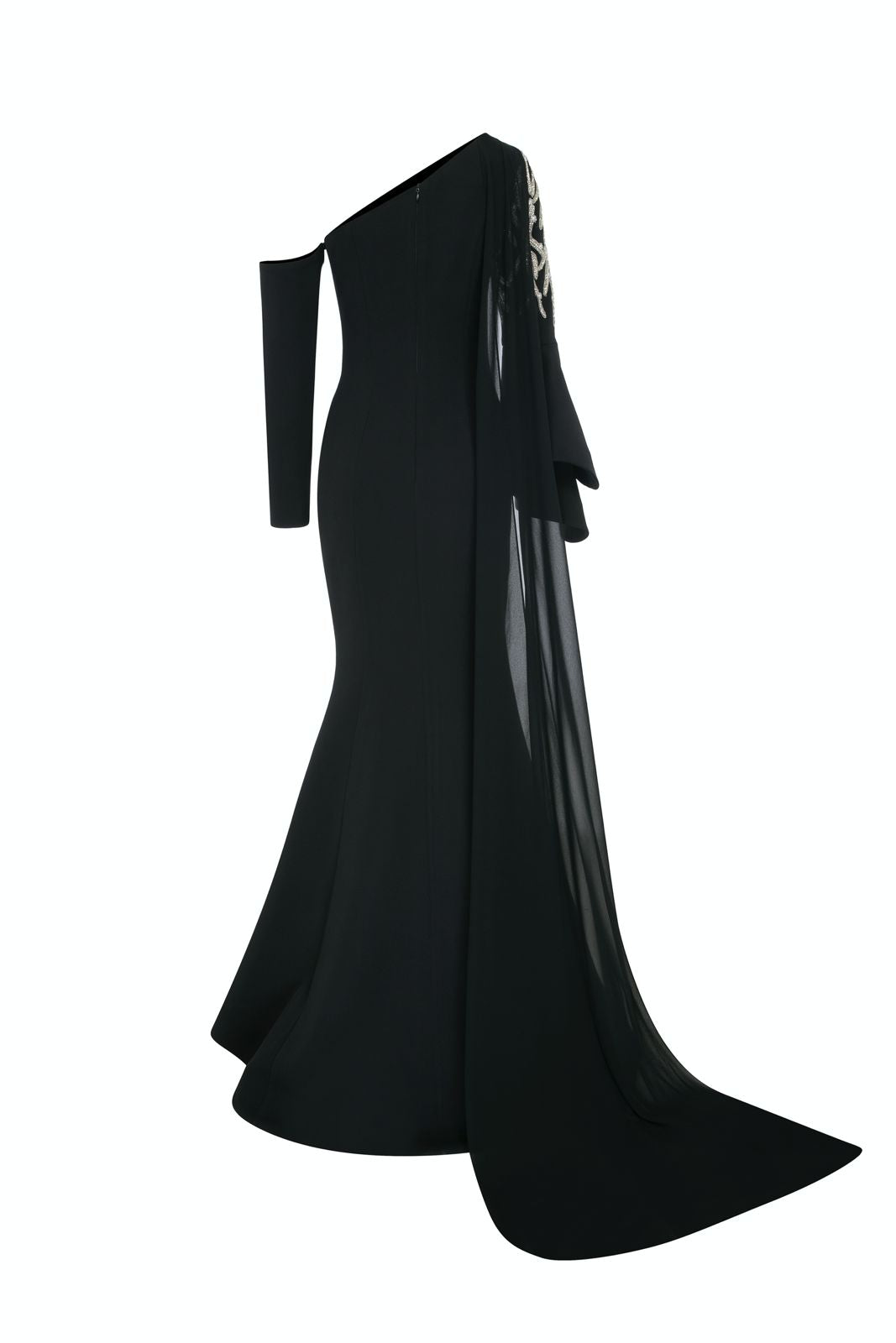 Li Beirut M1101 – One-Shoulder Column Gown with Cape & Gold Embroidery