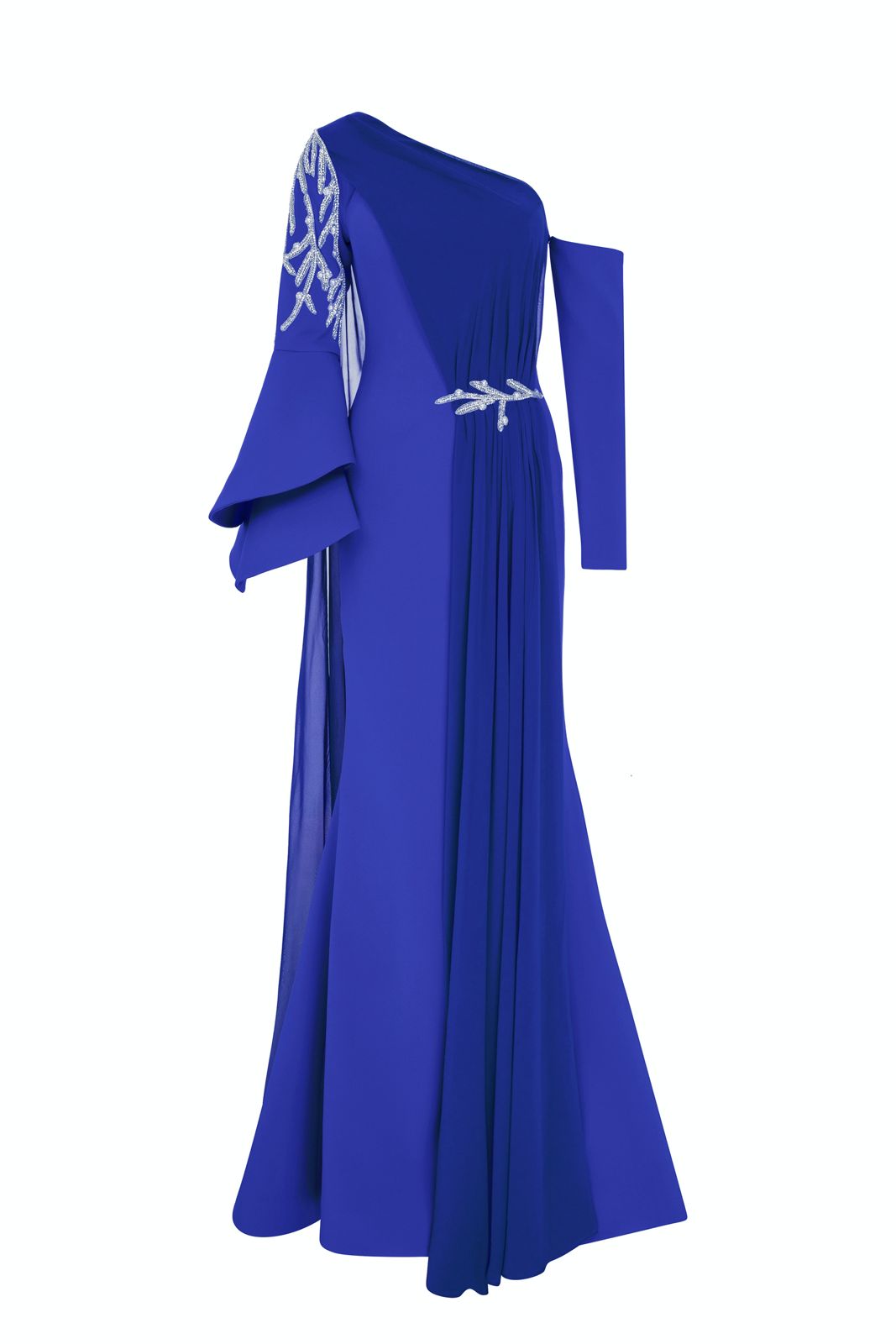 Li Beirut M1101 – One-Shoulder Column Gown with Cape & Gold Embroidery