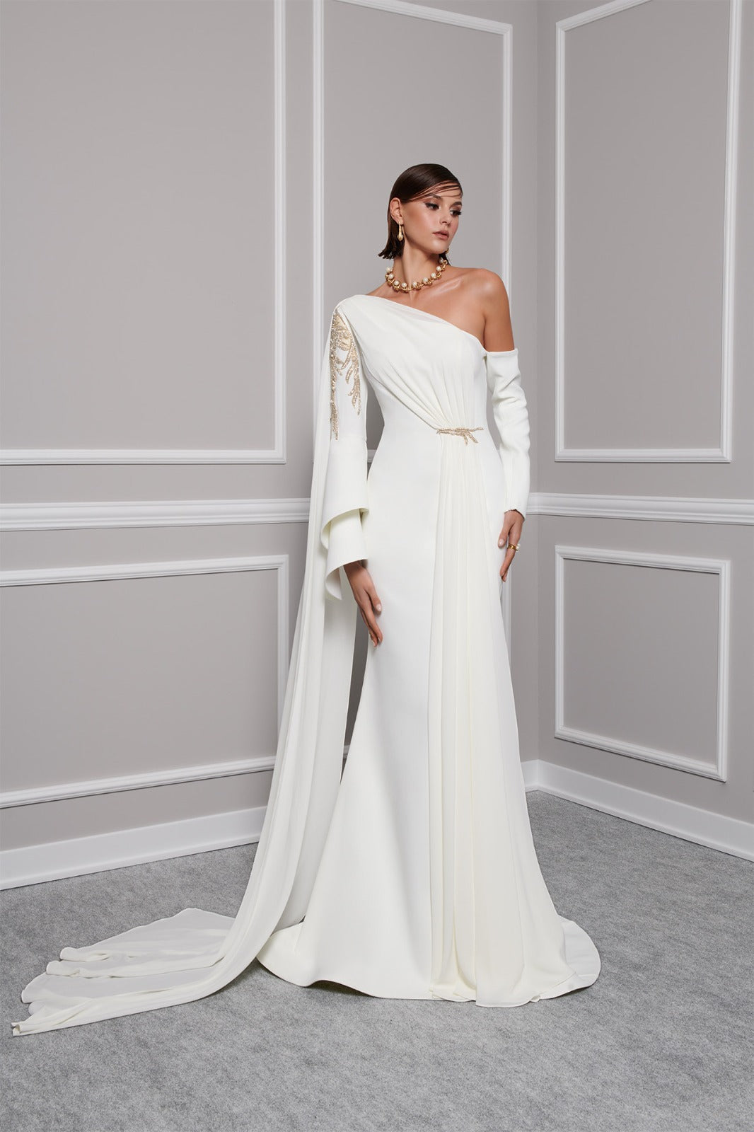 Li Beirut M1101 – One-Shoulder Column Gown with Cape & Gold Embroidery
