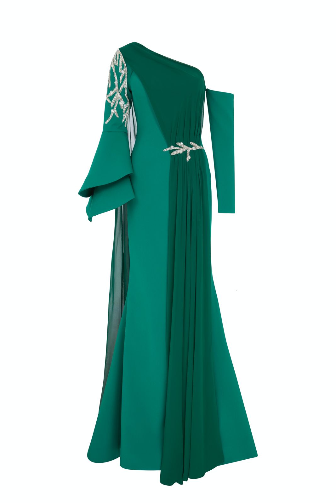 Li Beirut M1101 – One-Shoulder Column Gown with Cape & Gold Embroidery