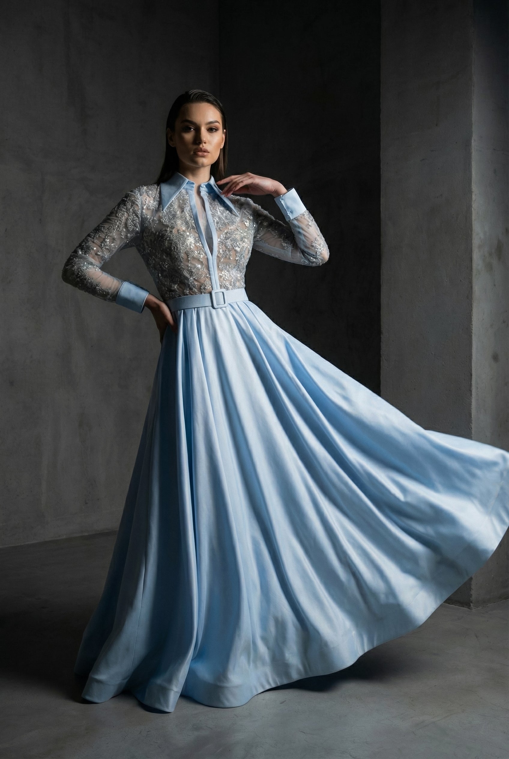 Li Beirut M1102 – Baby Blue & Gold Long Sleeve Lace Beaded Gown with Collar, Belt & Satin Skirt
