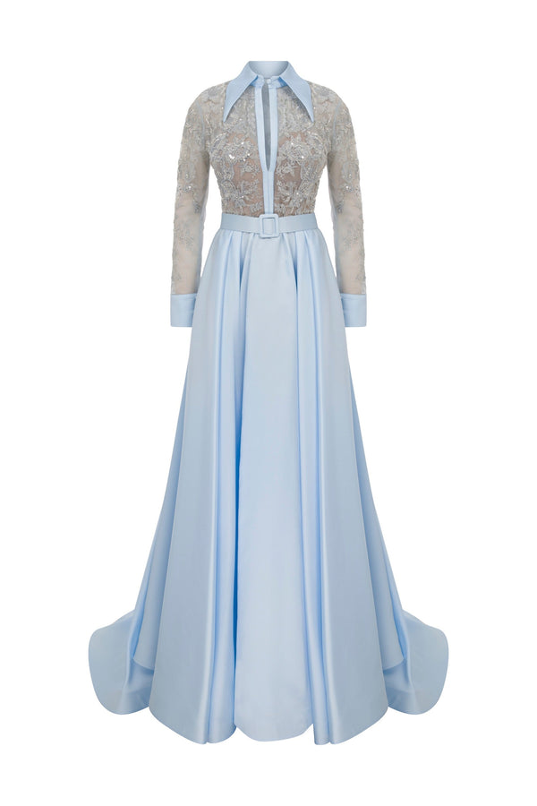 Li Beirut M1102 – Baby Blue & Gold Long Sleeve Lace Beaded Gown with Collar, Belt & Satin Skirt