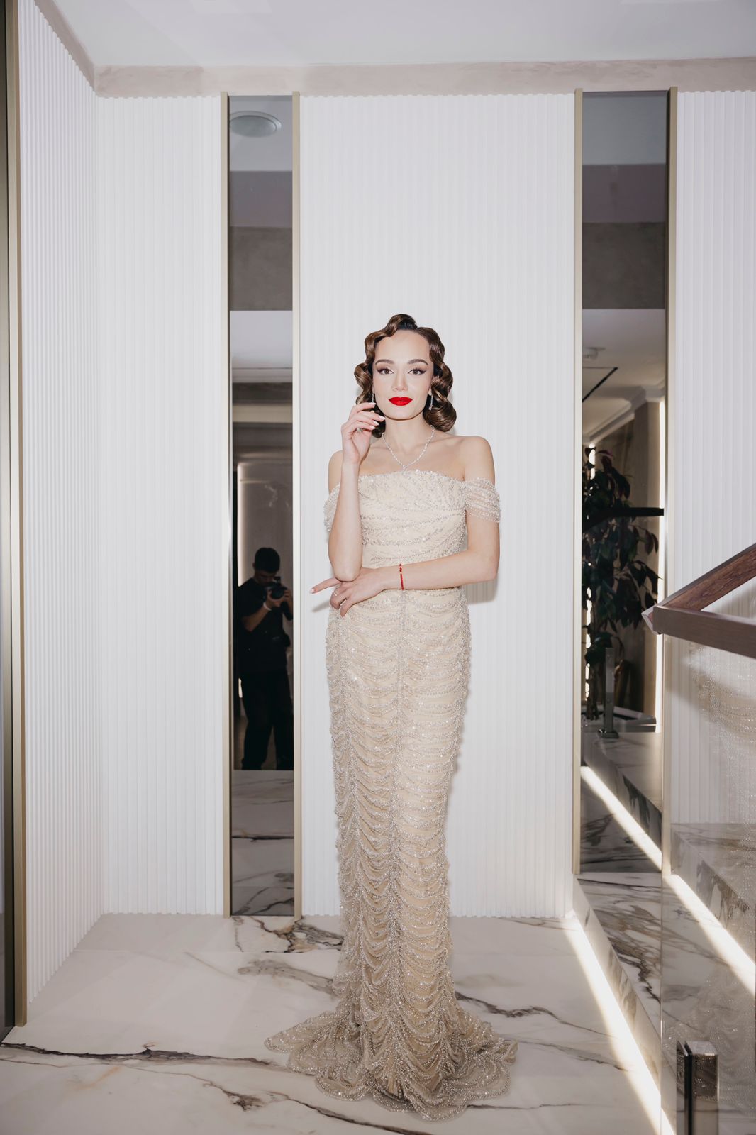 Li Beirut M1107 – Off-Shoulder Pearl-Beaded Mermaid Gown with Draped Sleeves in Nude Champagne