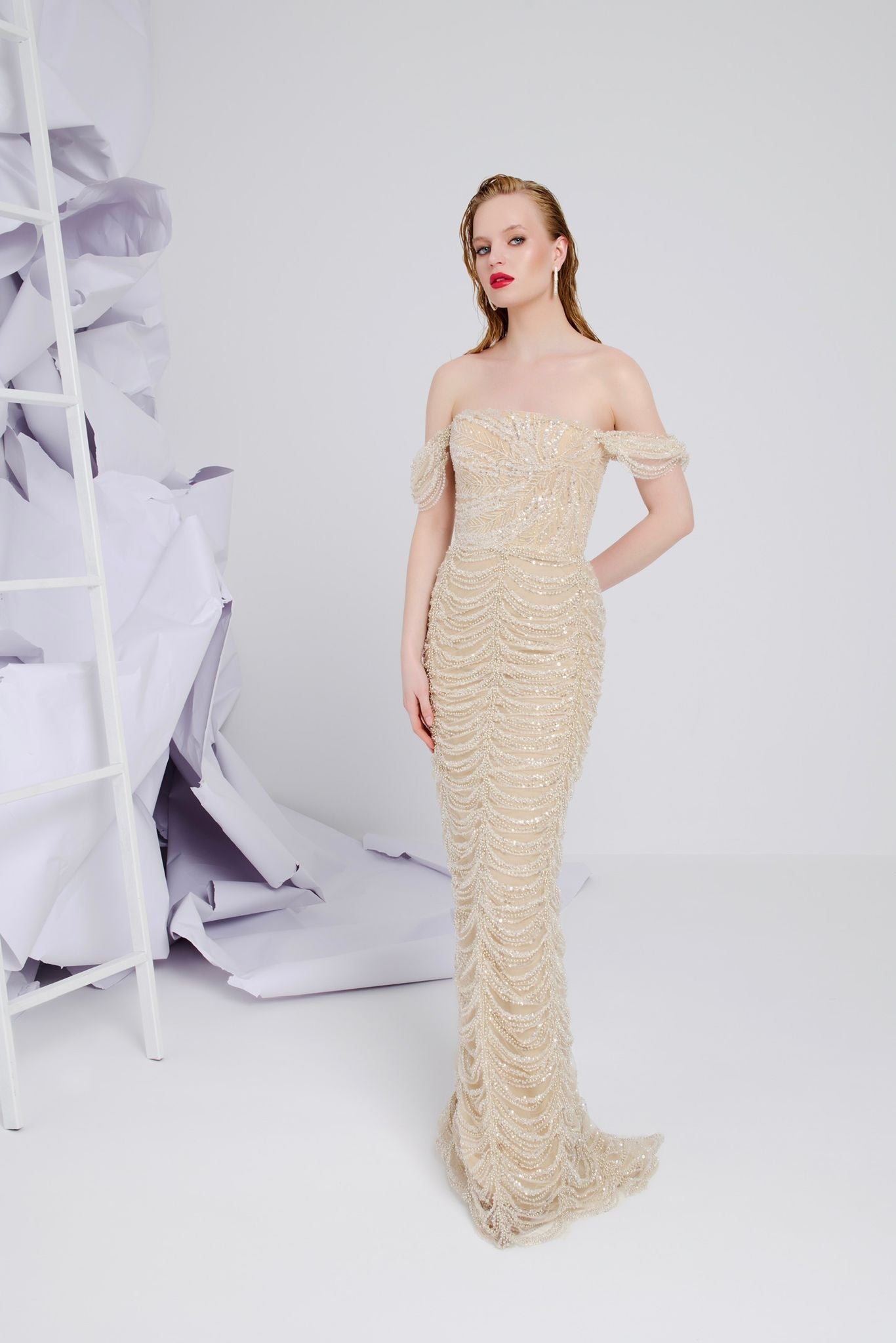Li Beirut M1107 – Off-Shoulder Pearl-Beaded Mermaid Gown with Draped Sleeves in Nude Champagne