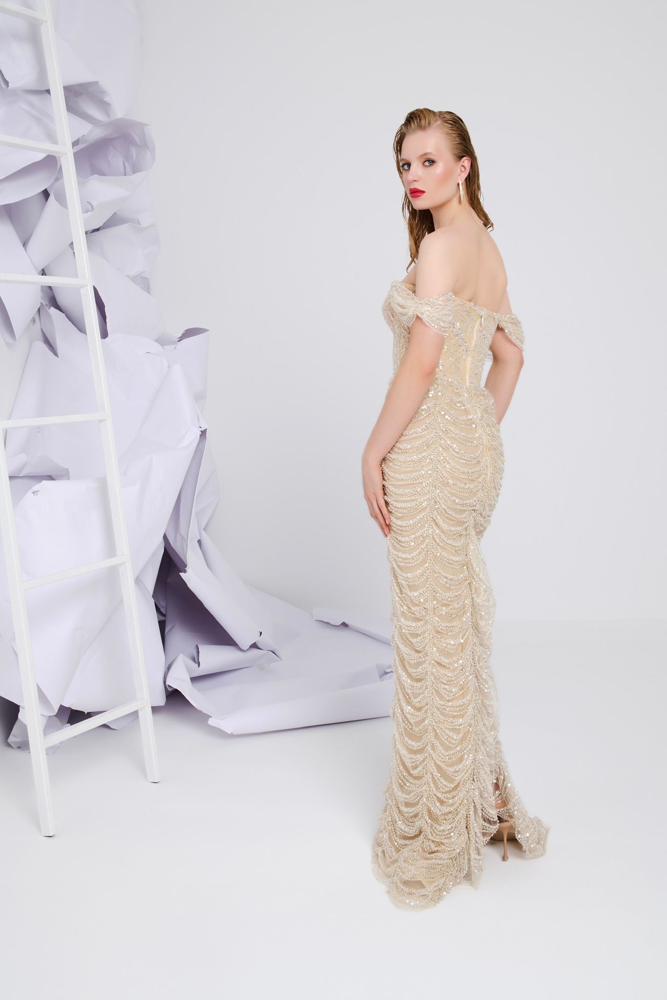 Li Beirut M1107 – Off-Shoulder Pearl-Beaded Mermaid Gown with Draped Sleeves in Nude Champagne