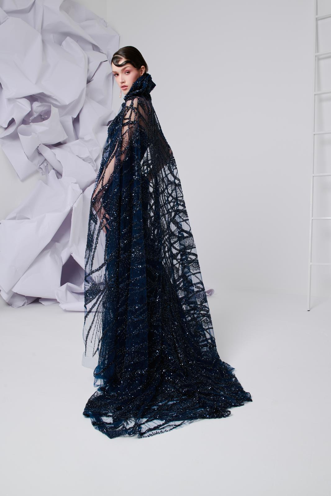 Li Beirut M1108 – Midnight Blue Beaded Mermaid Gown with Sheer Embellished Cape