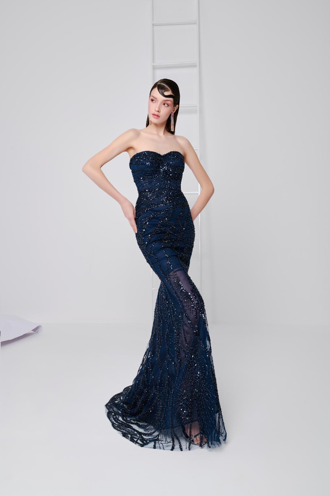 Li Beirut M1108 – Midnight Blue Beaded Mermaid Gown with Sheer Embellished Cape