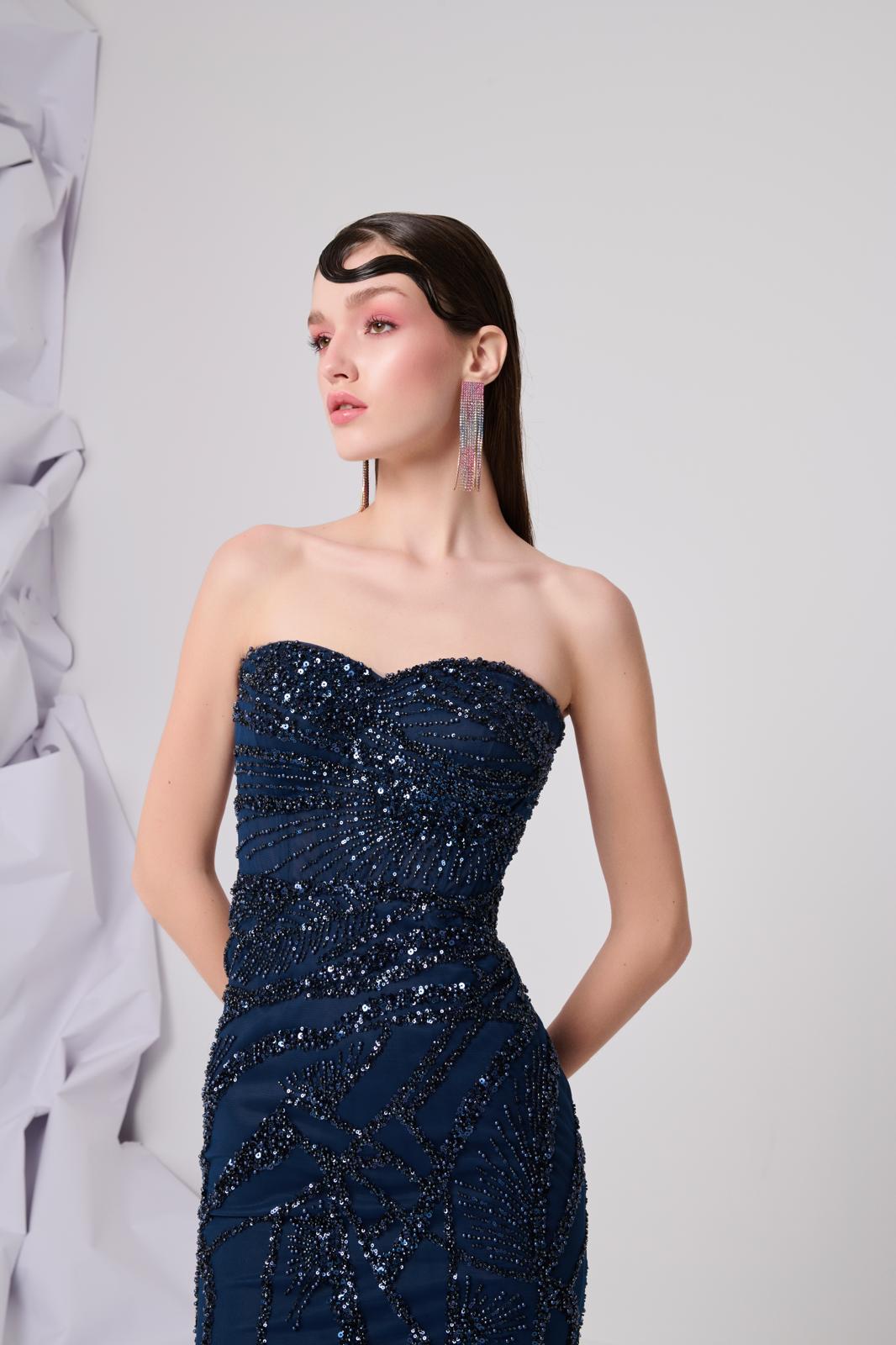 Li Beirut M1108 – Midnight Blue Beaded Mermaid Gown with Sheer Embellished Cape