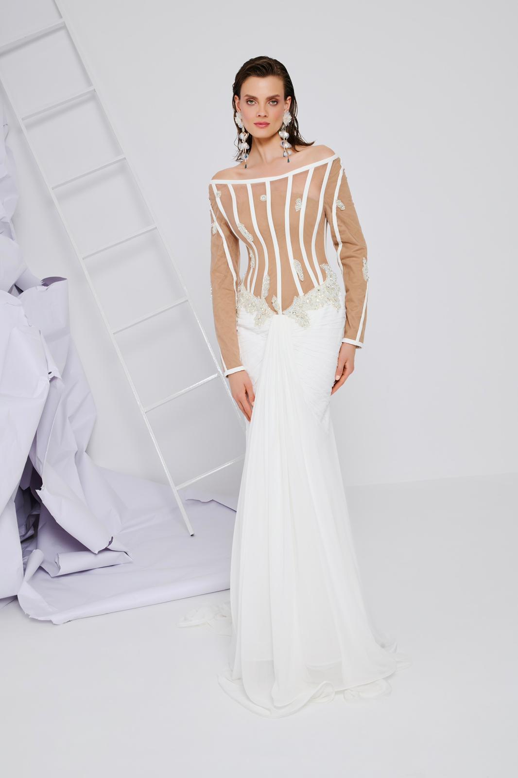 Li Beirut M1111 – Off-Shoulder Illusion Bodice Long Sleeve Gown with Draped Ivory Skirt