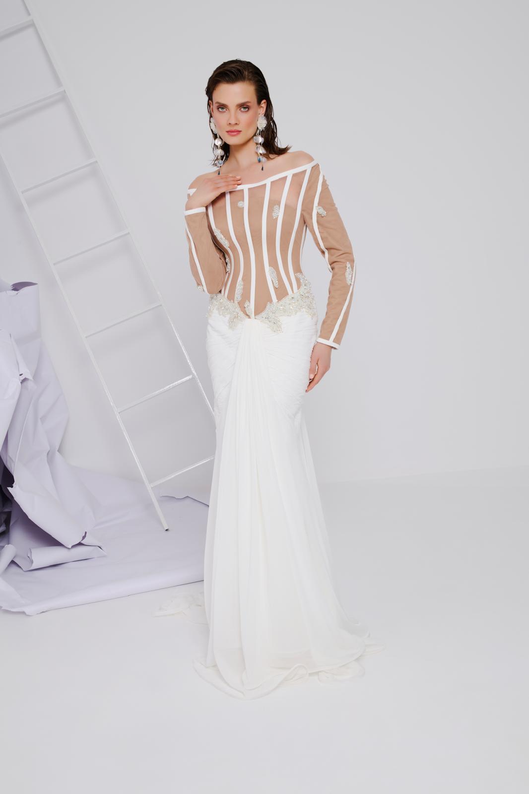 Li Beirut M1111 – Off-Shoulder Illusion Bodice Long Sleeve Gown with Draped Ivory Skirt
