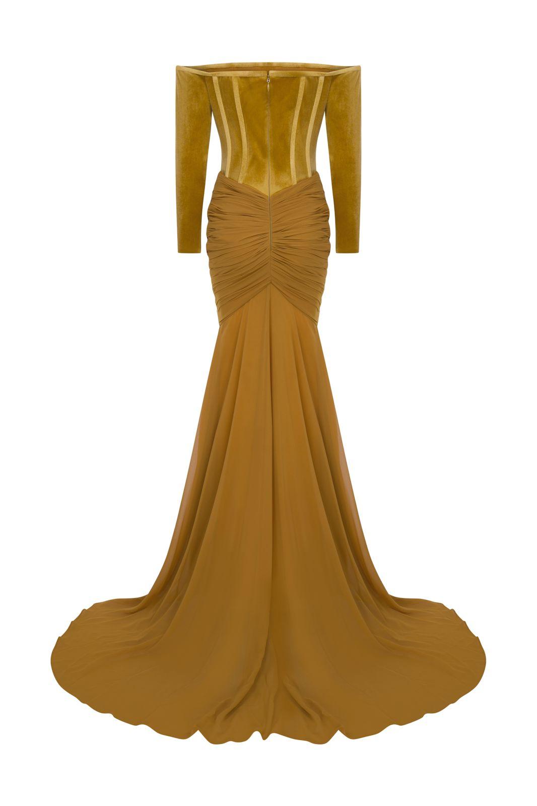 Li Beirut M1112A – Off-Shoulder Long Sleeve Mermaid Gown with Corset Bodice