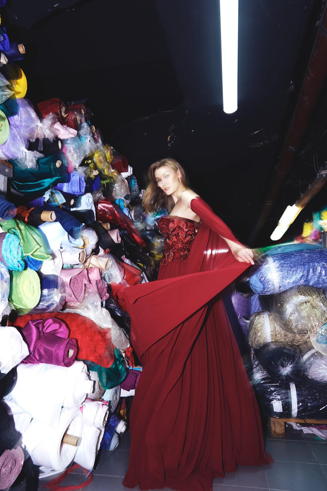 Li Beirut M1113 – Strapless Embellished Corset Gown with Draped Sleeves & Chiffon Skirt