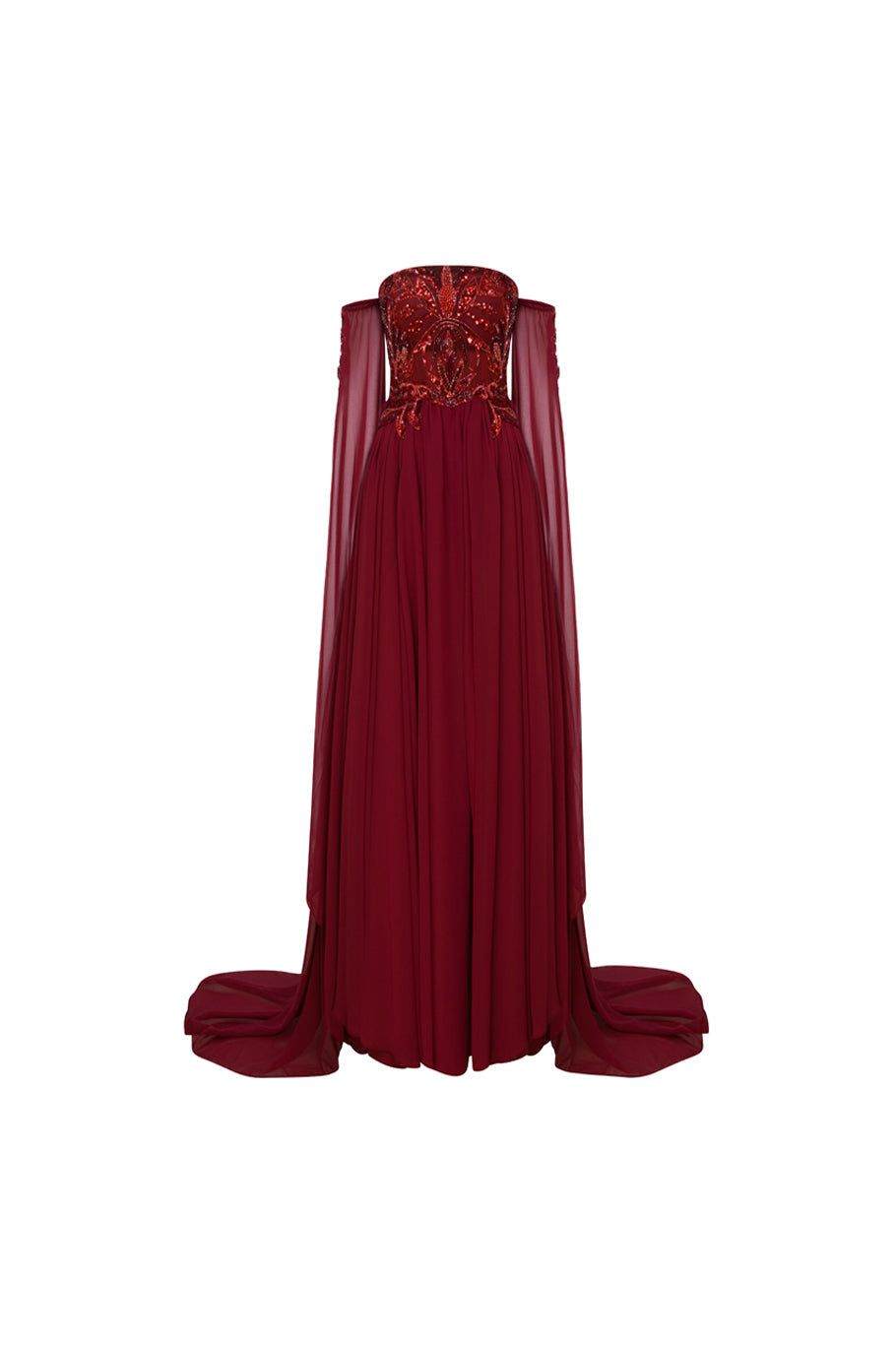 Li Beirut M1113 – Strapless Embellished Corset Gown with Draped Sleeves & Chiffon Skirt