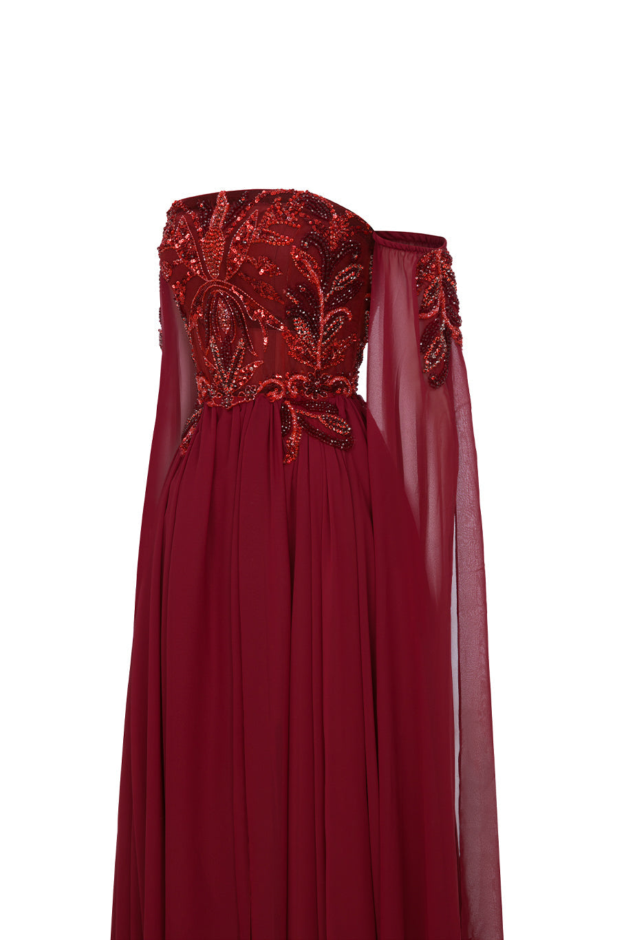 Li Beirut M1113 – Strapless Embellished Corset Gown with Draped Sleeves & Chiffon Skirt
