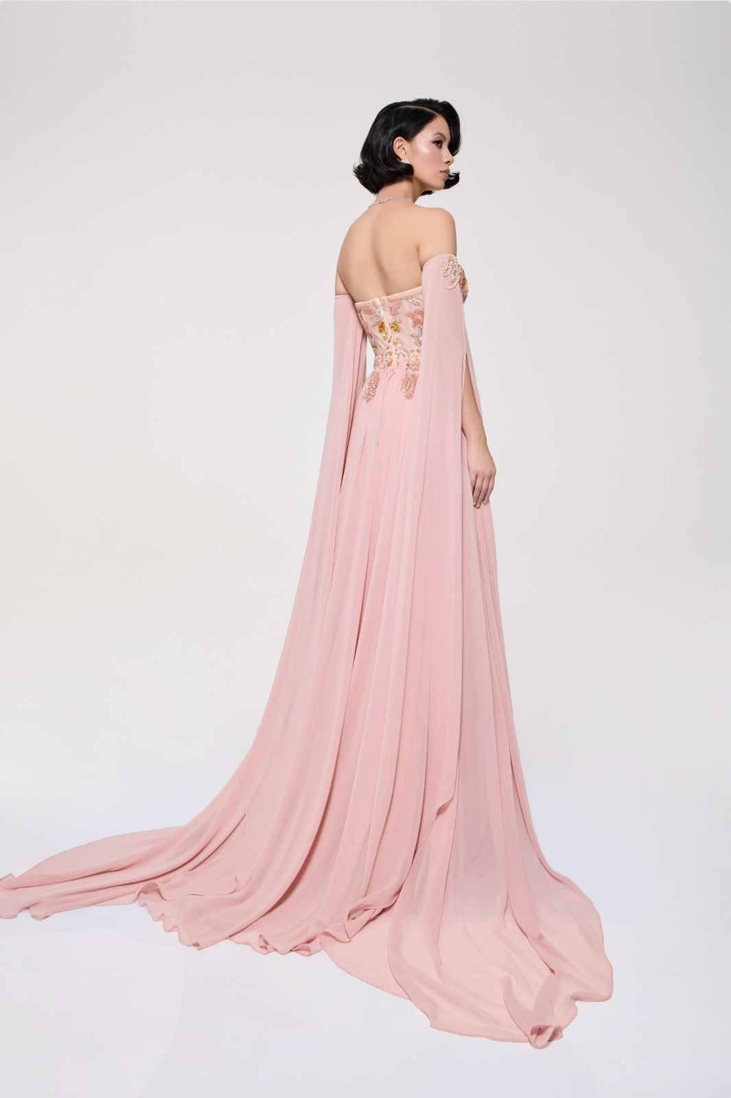 Li Beirut M1113 – Strapless Embellished Corset Gown with Draped Sleeves & Chiffon Skirt