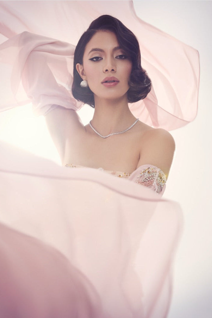 Li Beirut M1113 – Strapless Embellished Corset Gown with Draped Sleeves & Chiffon Skirt