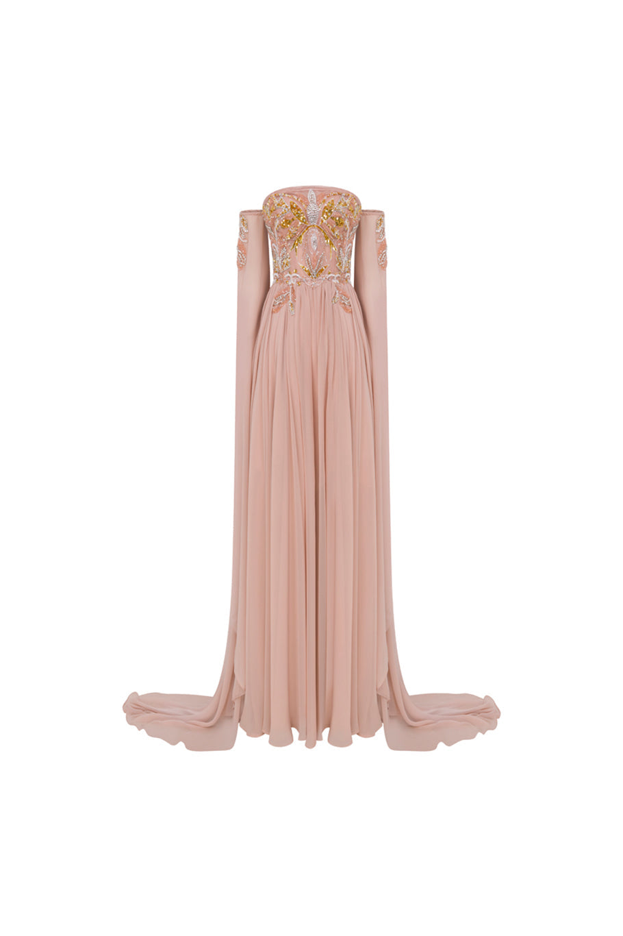 Li Beirut M1113 – Strapless Embellished Corset Gown with Draped Sleeves & Chiffon Skirt