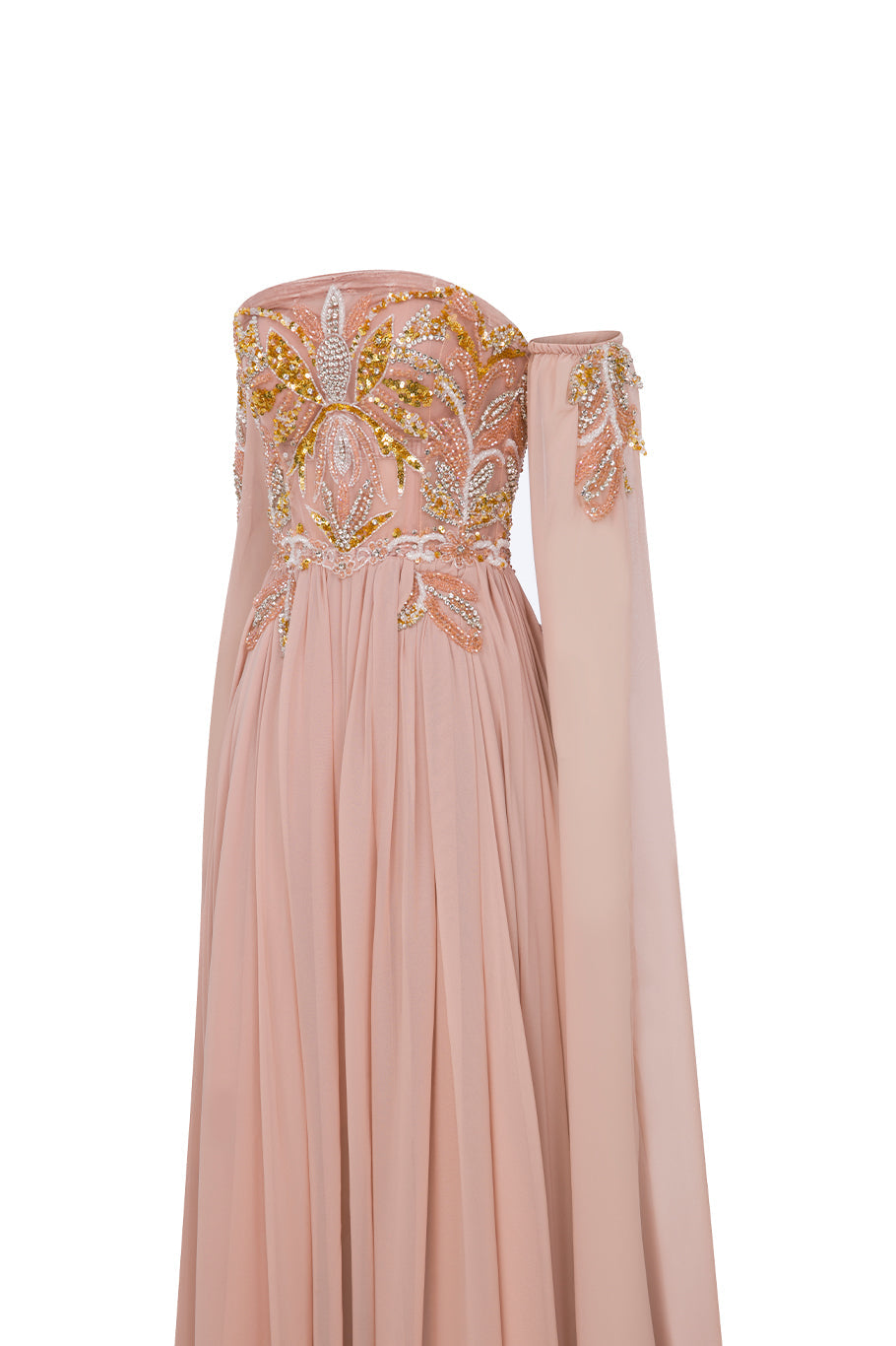 Li Beirut M1113 – Strapless Embellished Corset Gown with Draped Sleeves & Chiffon Skirt