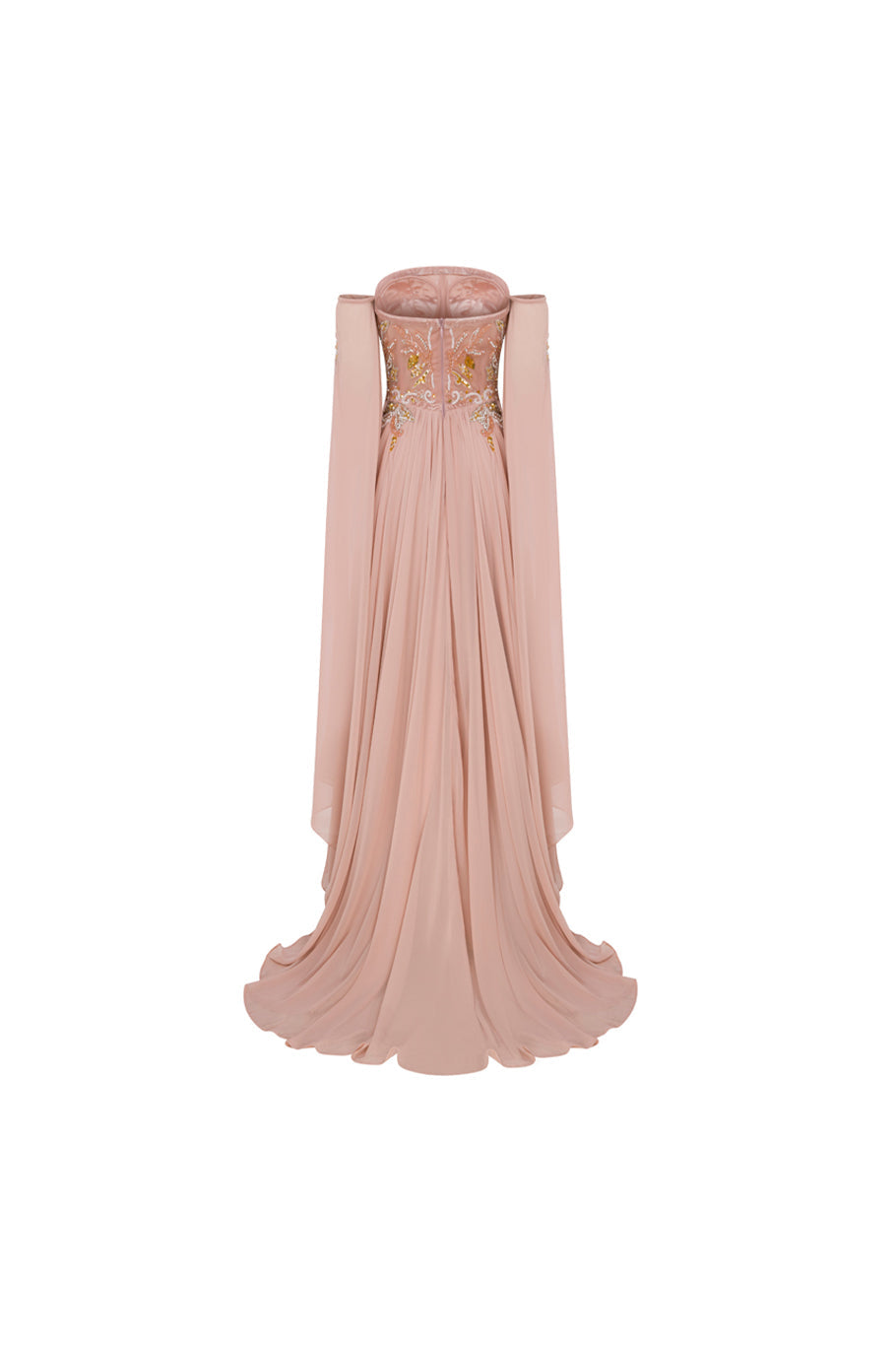 Li Beirut M1113 – Strapless Embellished Corset Gown with Draped Sleeves & Chiffon Skirt
