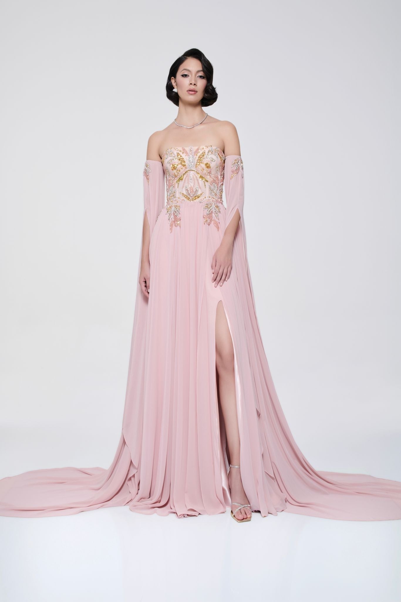 Li Beirut M1113 – Strapless Embellished Corset Gown with Draped Sleeves & Chiffon Skirt