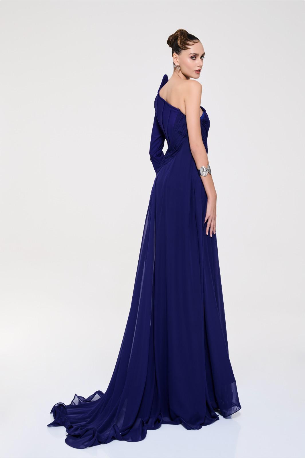 Li Beirut M1114 – One-Shoulder Long Sleeve Draped Chiffon Gown with Paneled Bodice