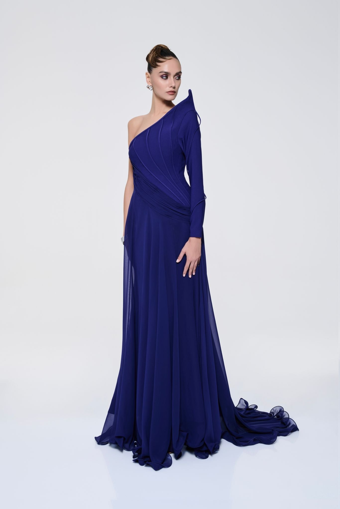 Li Beirut M1114 – One-Shoulder Long Sleeve Draped Chiffon Gown with Paneled Bodice