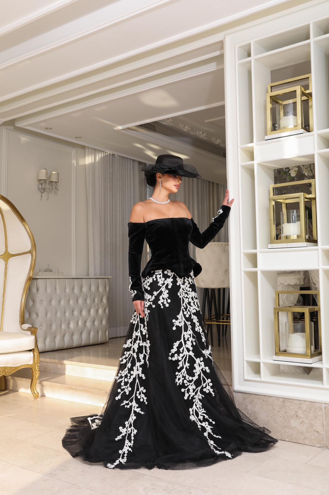 Li Beirut M1115 – Off-Shoulder Velvet Bodice Gown with Ivory Floral Embroidered Tulle Skirt