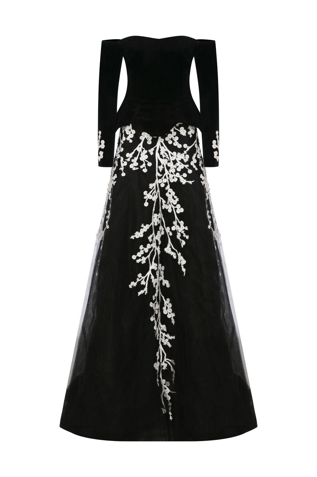 Li Beirut M1115 – Off-Shoulder Velvet Bodice Gown with Ivory Floral Embroidered Tulle Skirt